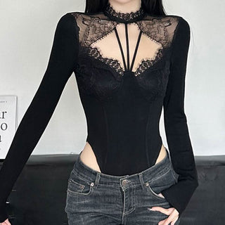 Long sleeve lace hem hollow out bodysuit