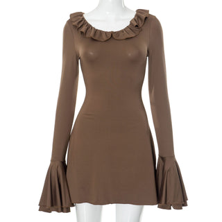 Long flared sleeve ruffle round neck ruched mini dress