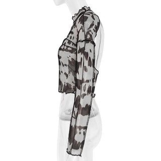 Sheer mesh see through print stitch ruffle open back top