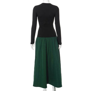 Long sleeve crewneck patchwork ruched maxi dress