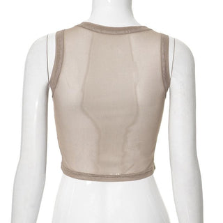 Sheer mesh letter print crewneck tank top