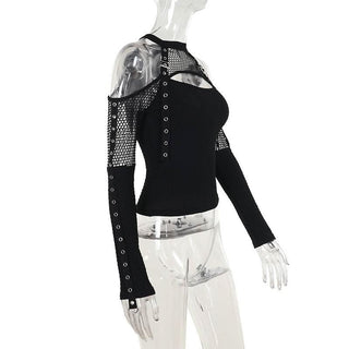 Off shoulder long sleeve fishnet patchwork buckle top