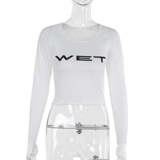Long sleeve â€œWETâ€ print u neck top