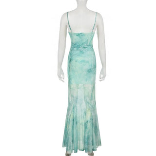 Lace hem print mesh knotted ruched cami maxi dress