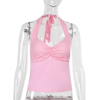 Halter self tie lace v neck ruched backless top