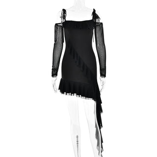 Ruffle self tie irregular off shoulder mesh long sleeve mini dress