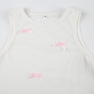 Crewneck bowknot ribbed sleeveless tank top