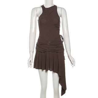 Irregular ruched drawstring buckle tank mini dress