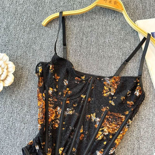 Lace flower print corset cami bodysuit