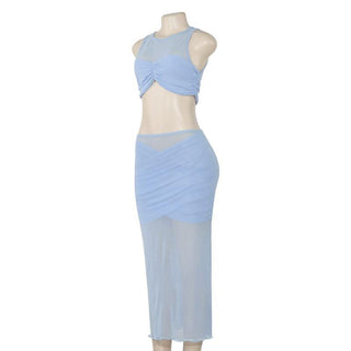 Crewneck sleeveless ruched mesh crop maxi skirt set