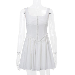 Button ruffle square neck ruched bustier tank mini dress
