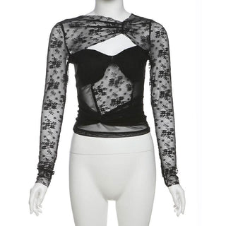 Long sleeve hollow out ruched lace cut out top