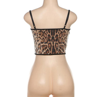 Leopard print lace hem glitter cami crop top
