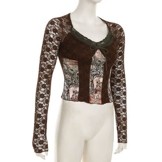 Long sleeve lace abstract top