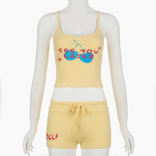 U neck letter print bowknot cami pant set