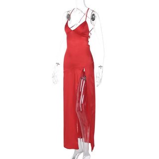 Slit cross back satin backless solid v neck maxi dress