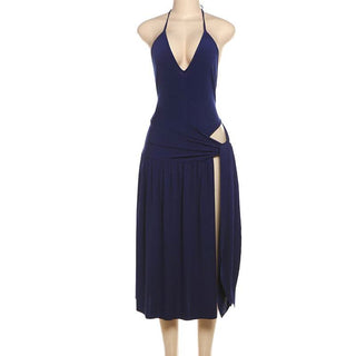 Halter self tie button ruched deep V neck midi skirt set