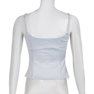 Striped print lace hem zip-up bowknot cami top