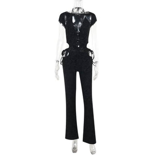 Halter o ring self tie hollow out jumpsuit