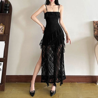 Square neck ruffle slit cami maxi dress