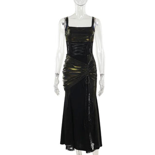 Square neck ruched lace up lace hem maxi dress