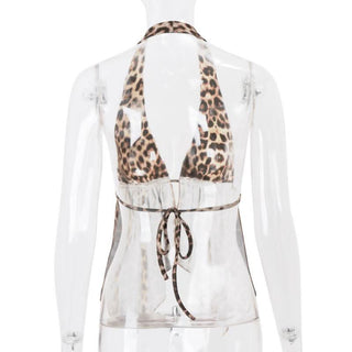 Leopard print halter self tie backless top
