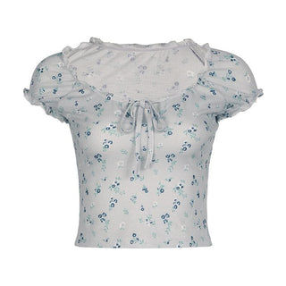 Short sleeve knotted ruffle ribbed print top