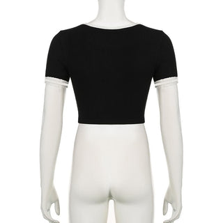 Short sleeve ruffle ruched bowknot ribbed top