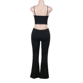 Hollow out lace hem v neck corset cami jumpsuit
