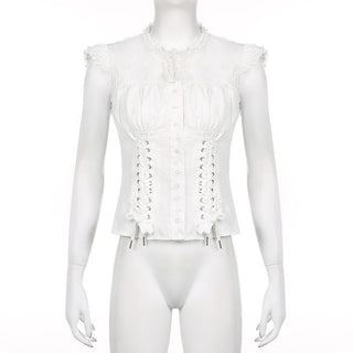 Ruffle cap sleeve lace up ruched corset button top