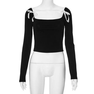 Long sleeve bowknot square neck contrast top
