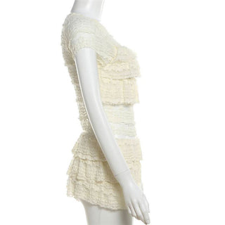 Crewneck ruffle lace ruched cap sleeve pant set