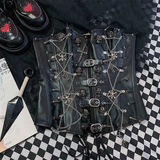 Cross applique PU leather rivet buckle bustier tube top