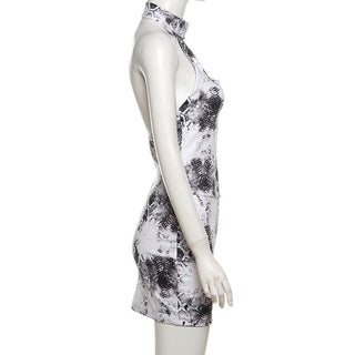 Halter snake print buckle backless mini dress