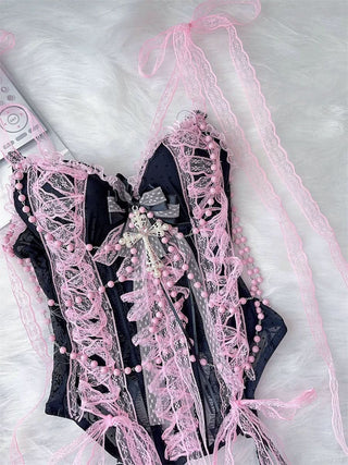 Lace beaded bowknot self tie cami top