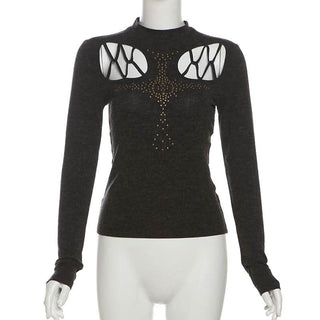 High neck long sleeve beaded cross pattern hollow out cut out top