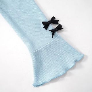 Long flared sleeve round neck bowknot textured top