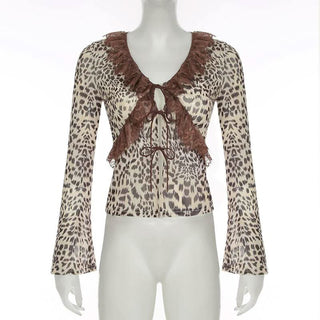 Long sleeve mesh lace hem leopard print self tie top