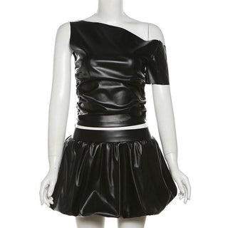 Irregular one shoulder PU leather ruched mini skirt set