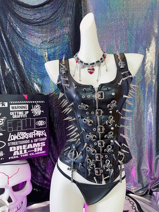 PU leather rivet buckle lace up cami top