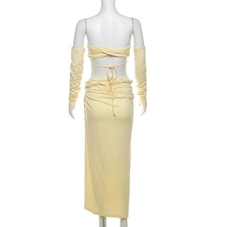 Gloves one shoulder high slit self tie maxi skirt set