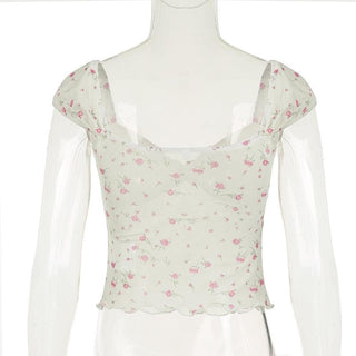 Short puff sleeve rose print lace hem ruched top