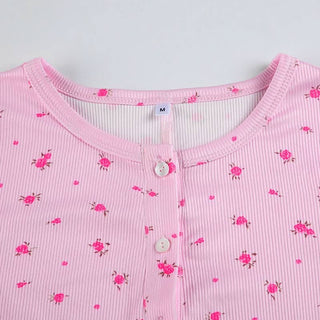 Long sleeve crewneck button flower print romper