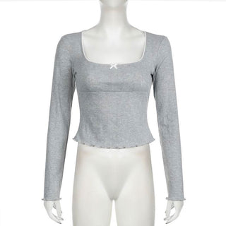 Square neck long sleeve bowknot ruffle top