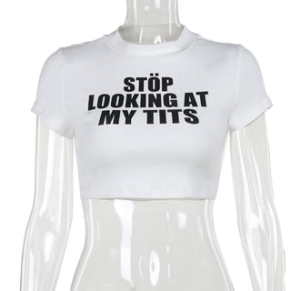 Short sleeve crewneck letter print crop top
