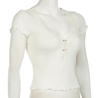 Short sleeve v neck ruffle lace hem ribbed top