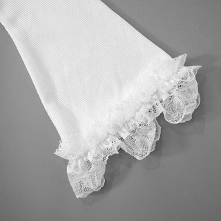 Long sleeve lace hem button ribbed u neck solid top