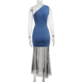 One shoulder mesh patchwork print ruched midi dress