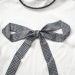 Crew neck short sleeve lace hem bowknot top