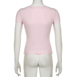Short sleeve v neck ruched lace hem top
